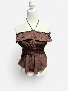 Derek Heart Brown Off-Shoulder Halter Smocked Waist Camisole